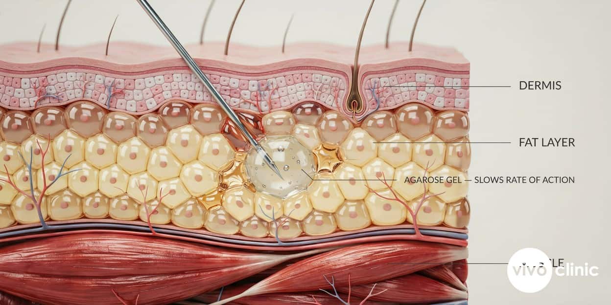 Photorealistic technical cross-section render of subcutaneous fat showing deoxycholic acid in an agarose gel matrix disrupting fat cell membranes, with the gel slowing the rate of action, labelled at the dermis, fat layer and muscle