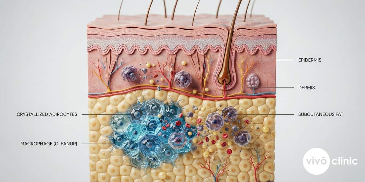 Photorealistic anatomical cross-section render of skin and subcutaneous fat showing crystallised fat cells undergoing apoptosis after cryolipolysis, with macrophages clearing the destroyed cells over several weeks