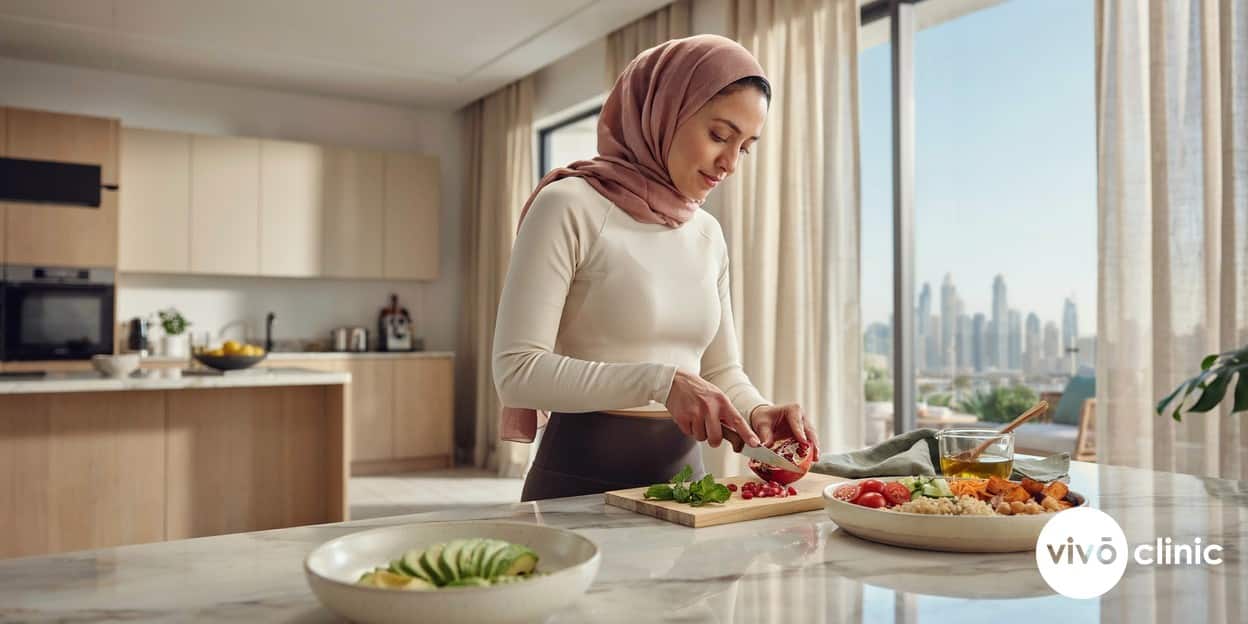 Middle Eastern woman in modest activewear preparing a fresh healthy meal in a bright Dubai kitchen, illustrating the stable-weight lifestyle that protects long-term fat freezing results