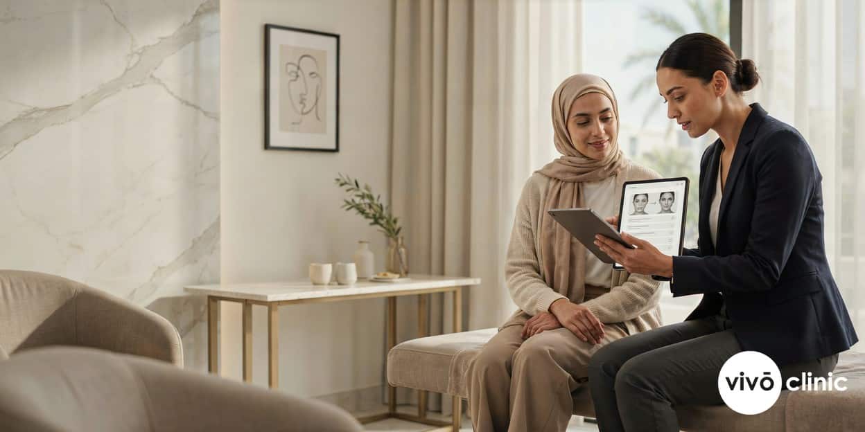 Middle Eastern woman reviewing her stable, contoured results with a practitioner in modest attire during a follow-up at VIVO Clinic Dubai, with no device or handpiece in the frame