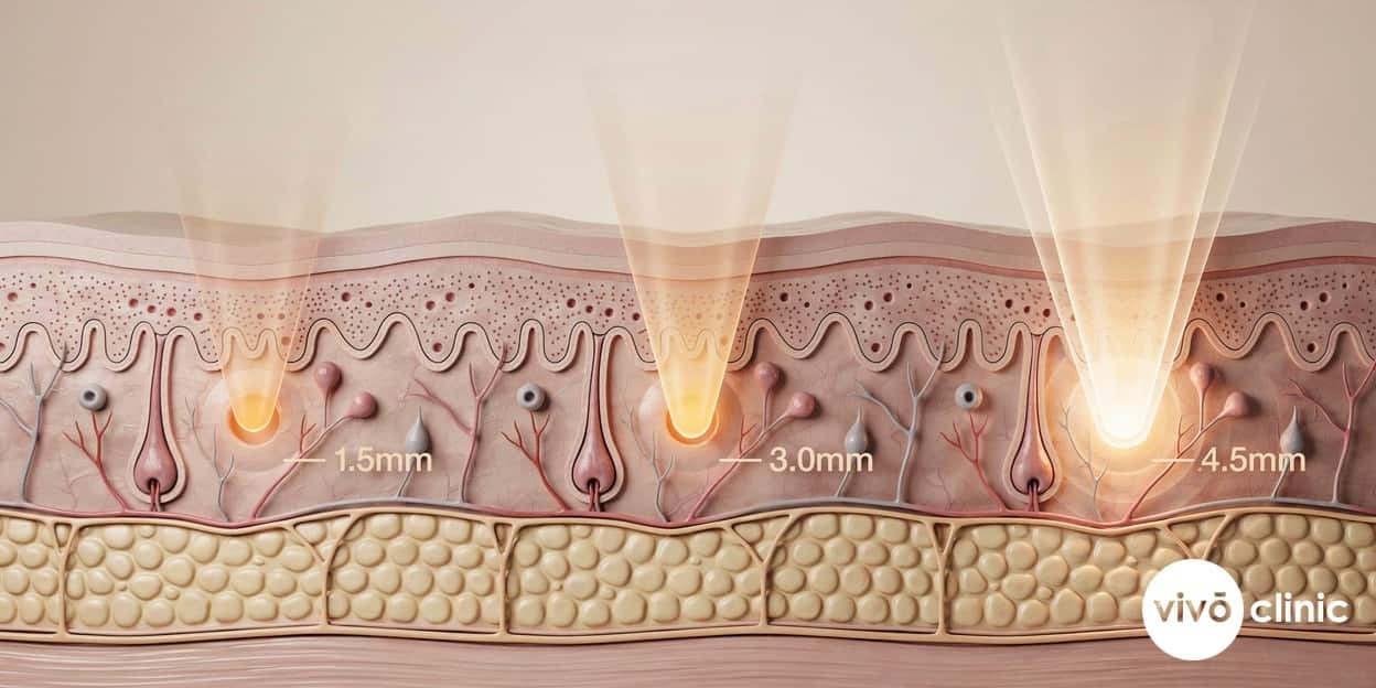 Photorealistic technical cross-section render of facial skin showing focused ultrasound energy converging to a single heat point several millimetres deep, with intentional depth labels at 1.5mm, 3.0mm and 4.5mm, illustrating why HIFU is felt as a brief deep sensation