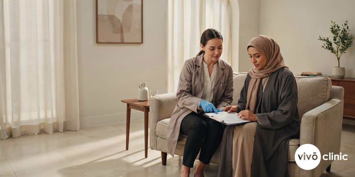 Female practitioner in modest professional attire reviewing a medical screening questionnaire with a Middle Eastern patient in a calm, private consultation room, emphasising careful suitability assessment before treatment