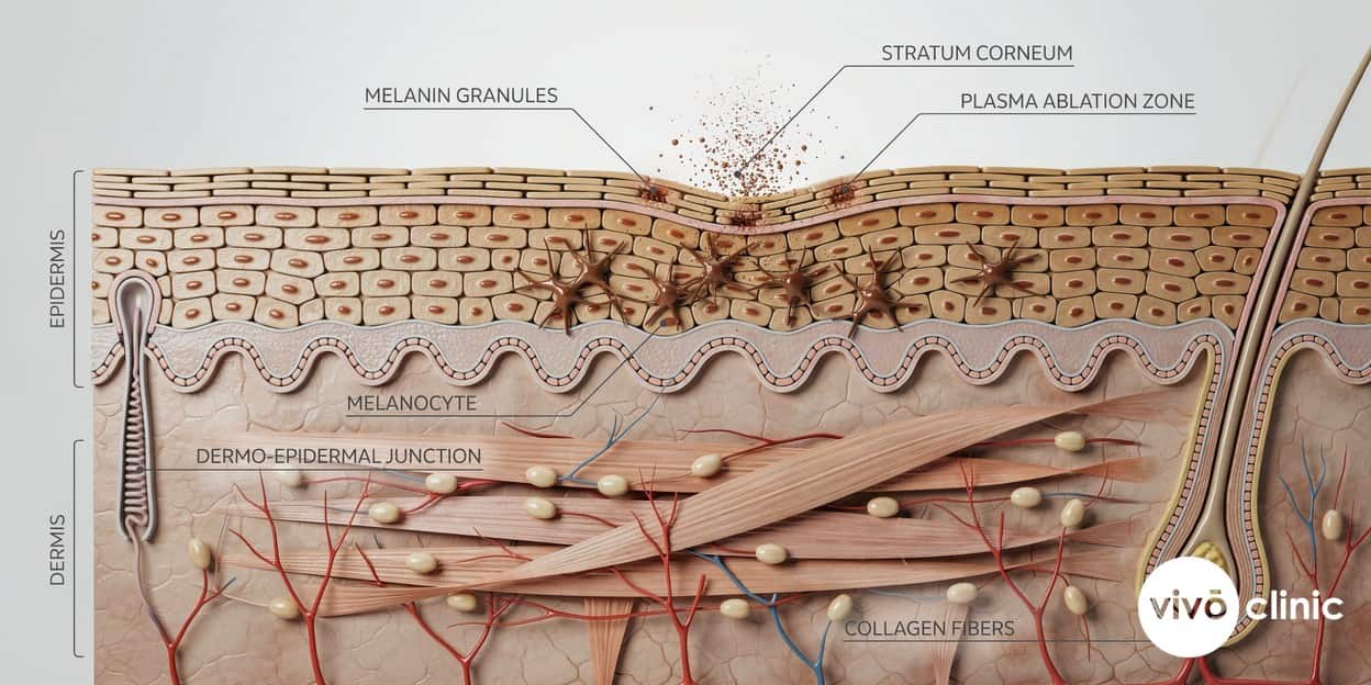 Photorealistic clinical cross-section render of eyelid skin showing thermal plasma micro-injury points in the upper layers and melanocytes releasing extra pigment in melanin-rich skin, illustrating the mechanism of post-inflammatory hyperpigmentation