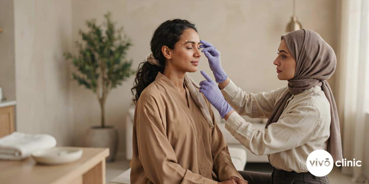 Middle Eastern practitioner in modest attire performing a small patch test on the temple of a woman with deeper skin tone at VIVO Clinic Dubai, with white cosmetic marking dots indicating the test area, no device, machine or handpiece anywhere in frame