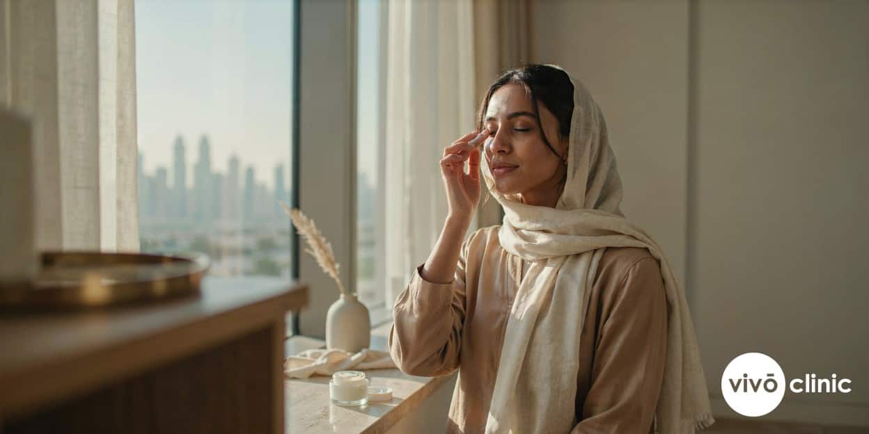 Middle Eastern woman with deeper skin tone applying high-factor SPF around her eyes in bright natural light during plasma eye lift aftercare, photographed as a wellness lifestyle scene at VIVO Clinic Dubai