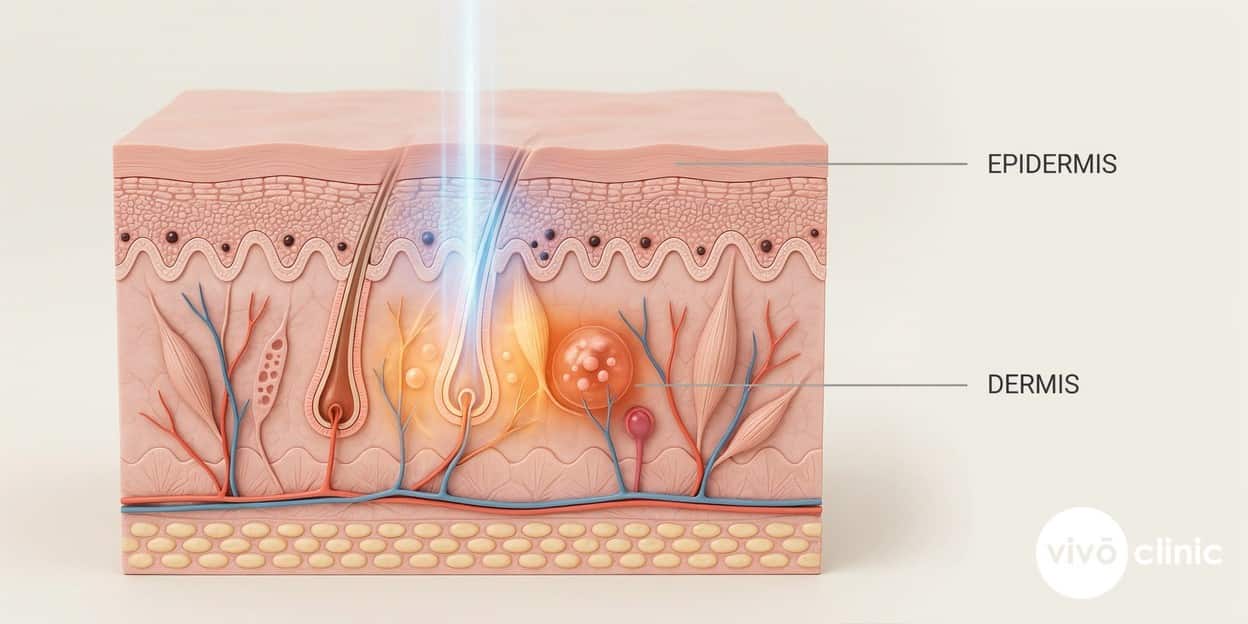 Photorealistic technical cross-section render of skin showing radiofrequency current passing into the water-rich dermis and bypassing the melanin in the upper epidermis, with embedded depth labels for epidermis and dermis
