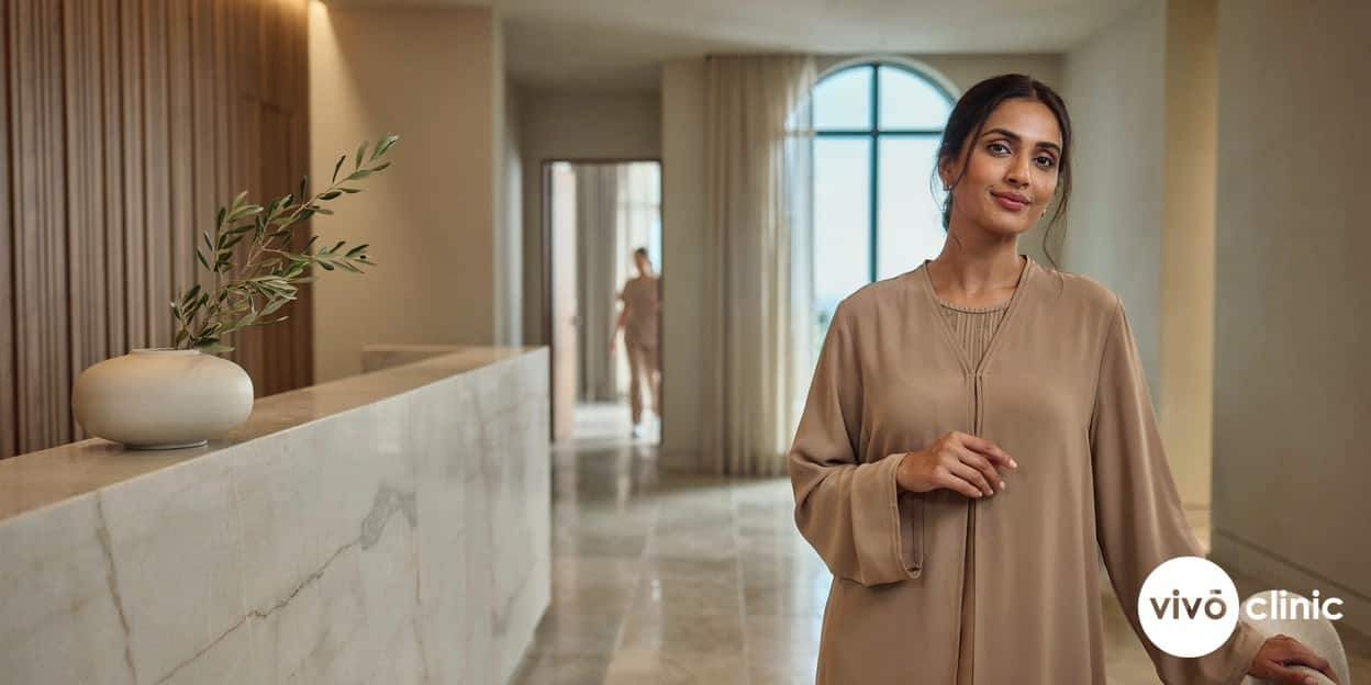 Middle Eastern woman with deep, even skin tone smiling confidently in a bright premium Dubai clinic, modestly dressed, illustrating that RF skin tightening suits all Fitzpatrick skin types at VIVO Clinic Dubai - no device, machine or handpiece anywhere in frame