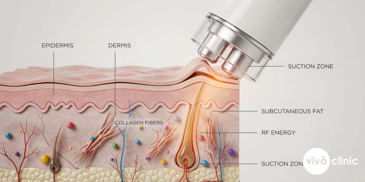 Photorealistic cross-section render of skin showing roller vacuum RF combining gentle suction folding the skin between two rollers with radiofrequency heat warming the deeper dermal layer to stimulate collagen, with embedded depth labels