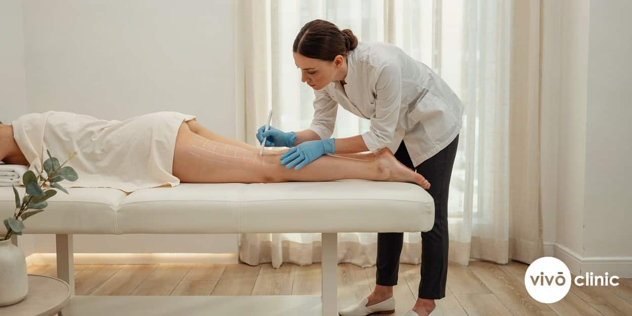 Practitioner in modest attire drawing white cosmetic marking lines on a Middle Eastern woman’s thigh to map the cellulite treatment area before a roller vacuum RF session, no device, machine or handpiece anywhere in frame