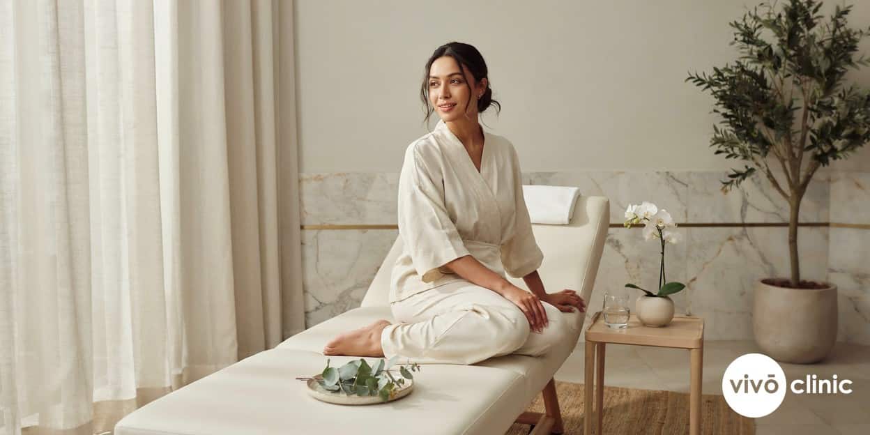 Middle Eastern woman smiling and relaxed after a comfortable roller vacuum RF cellulite session at VIVO Clinic Dubai, with no device or handpiece in frame