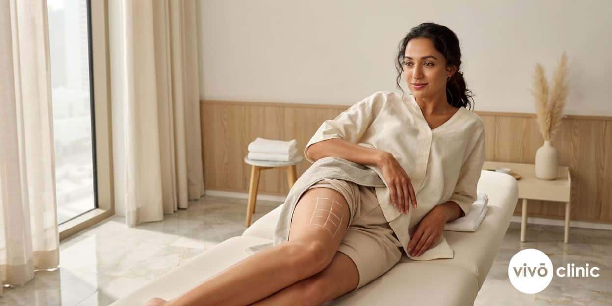 Middle Eastern woman relaxing comfortably on a treatment couch with white cosmetic marking lines on her thigh during a roller vacuum RF cellulite consultation at VIVO Clinic Dubai