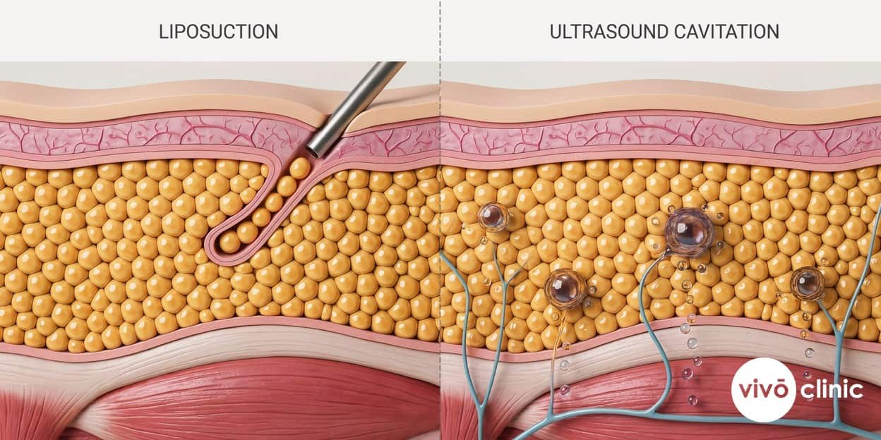 Photorealistic split cross-section render of subcutaneous fat tissue, one side showing fat cells physically suctioned through a liposuction cannula and the other showing ultrasound cavitation bubbles disrupting fat cell membranes for gradual lymphatic clearance