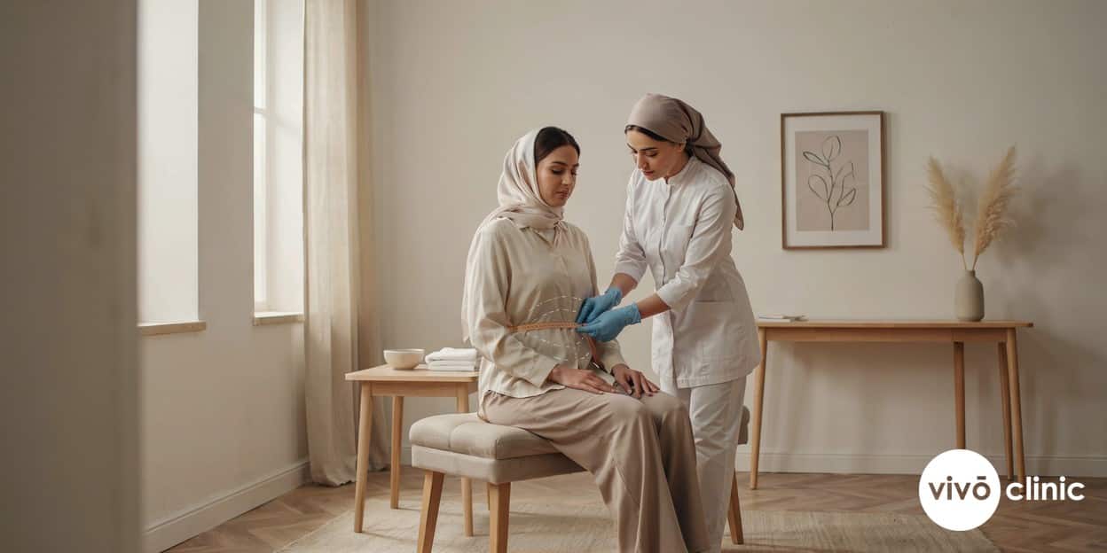 Practitioner in modest attire using a tape measure to assess a Middle Eastern woman’s waistline, with white cosmetic marking lines on the abdomen, in a premium VIVO Clinic Dubai consultation room, no device, machine or handpiece anywhere in frame