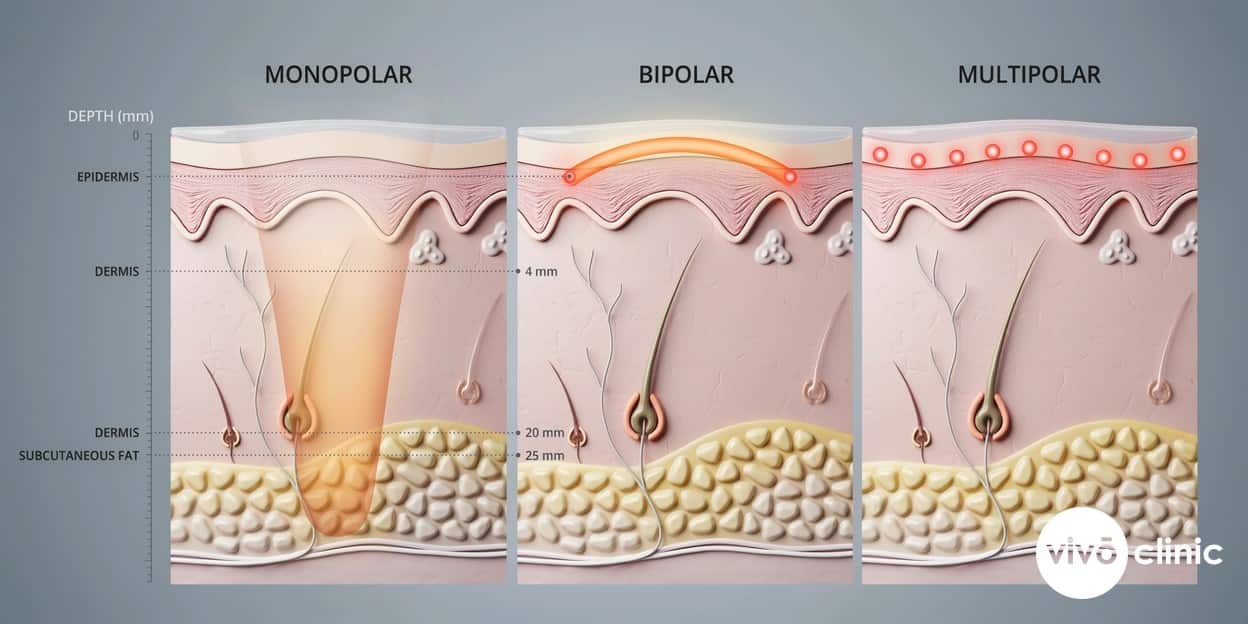 Photorealistic technical cross-section render of skin showing three radiofrequency heating patterns - a single deep monopolar plume reaching 20mm, a shallow bipolar arc at 1 to 4mm, and distributed multipolar microthermal zones near the surface