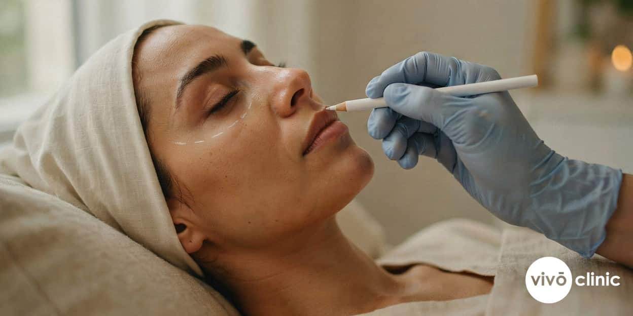 Practitioner in modest attire using a gloved hand to draw white cosmetic mapping lines across a Middle Eastern woman’s cheek before radiofrequency skin tightening, no device, machine or handpiece anywhere in frame, at VIVO Clinic Dubai