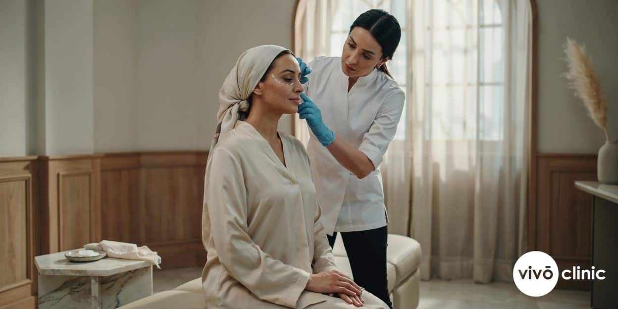 Middle Eastern woman with white cosmetic marking lines along her cheek and jawline during a radiofrequency skin tightening consultation at VIVO Clinic Dubai