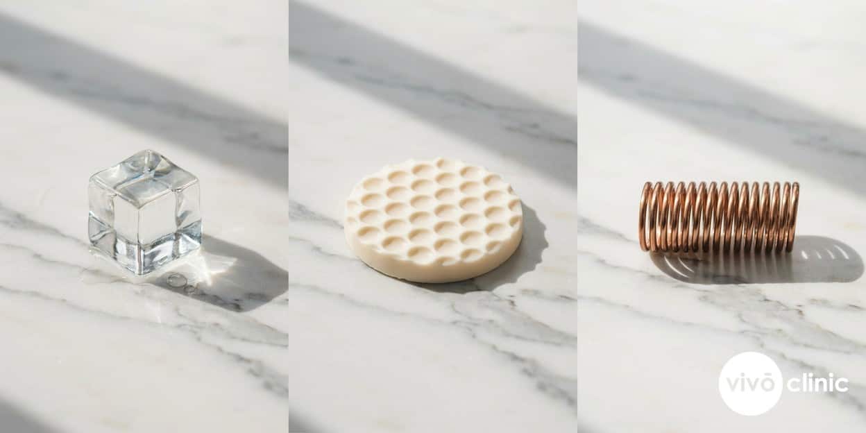Three-panel photorealistic still life on a clean marble surface showing props representing the three layers of body contouring - an ice cube for fat freezing, a textured surface for cellulite, and a coil for radiofrequency skin tightening