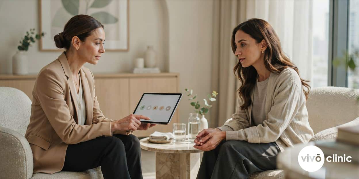 Practitioner in modest attire reviewing a sequenced body contouring treatment timeline on a tablet beside a Middle Eastern client at VIVO Clinic Dubai