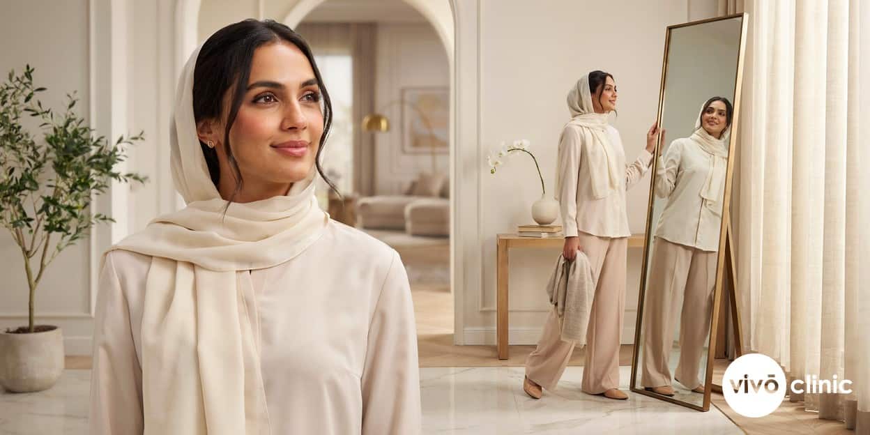Middle Eastern woman in modest clothing smiling as she reviews her firmer, more contoured midriff in a mirror after completing a body contouring programme at VIVO Clinic Dubai