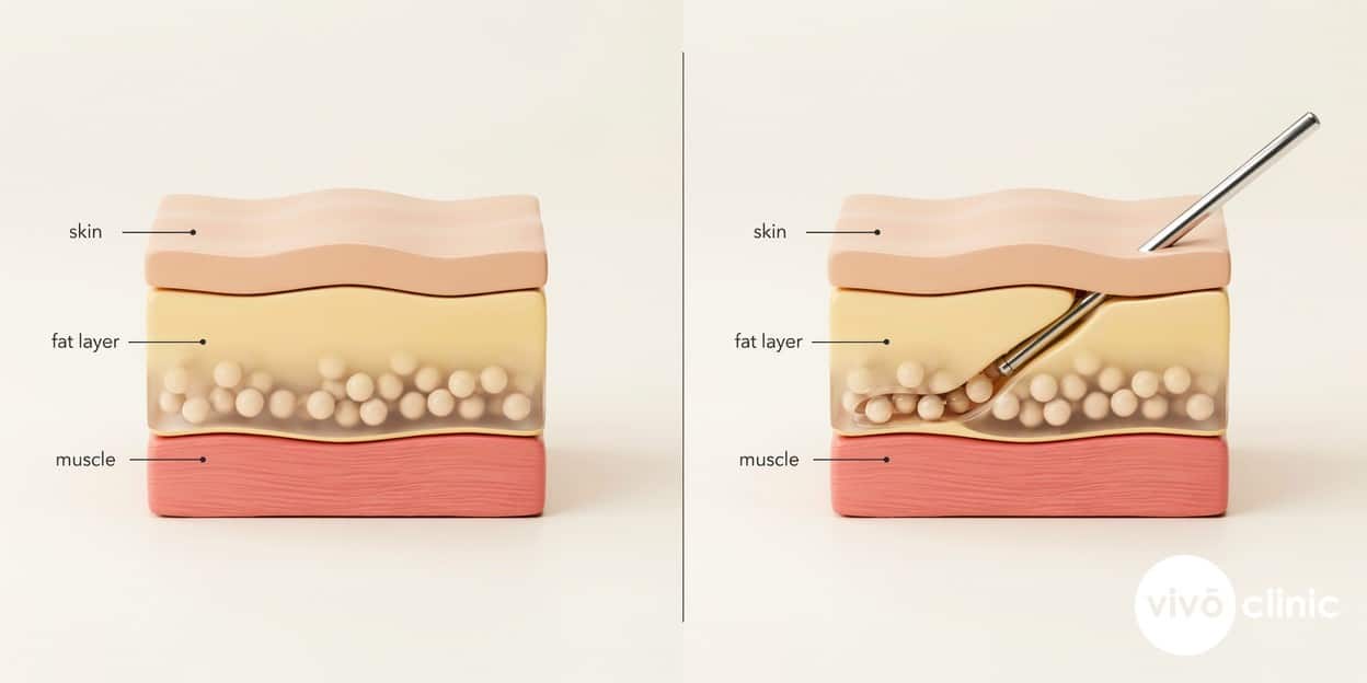Photorealistic split-panel technical cross-section render comparing non-surgical fat-cell reduction on the left against surgical cannula fat removal on the right, with embedded depth labels showing skin, fat layer and muscle