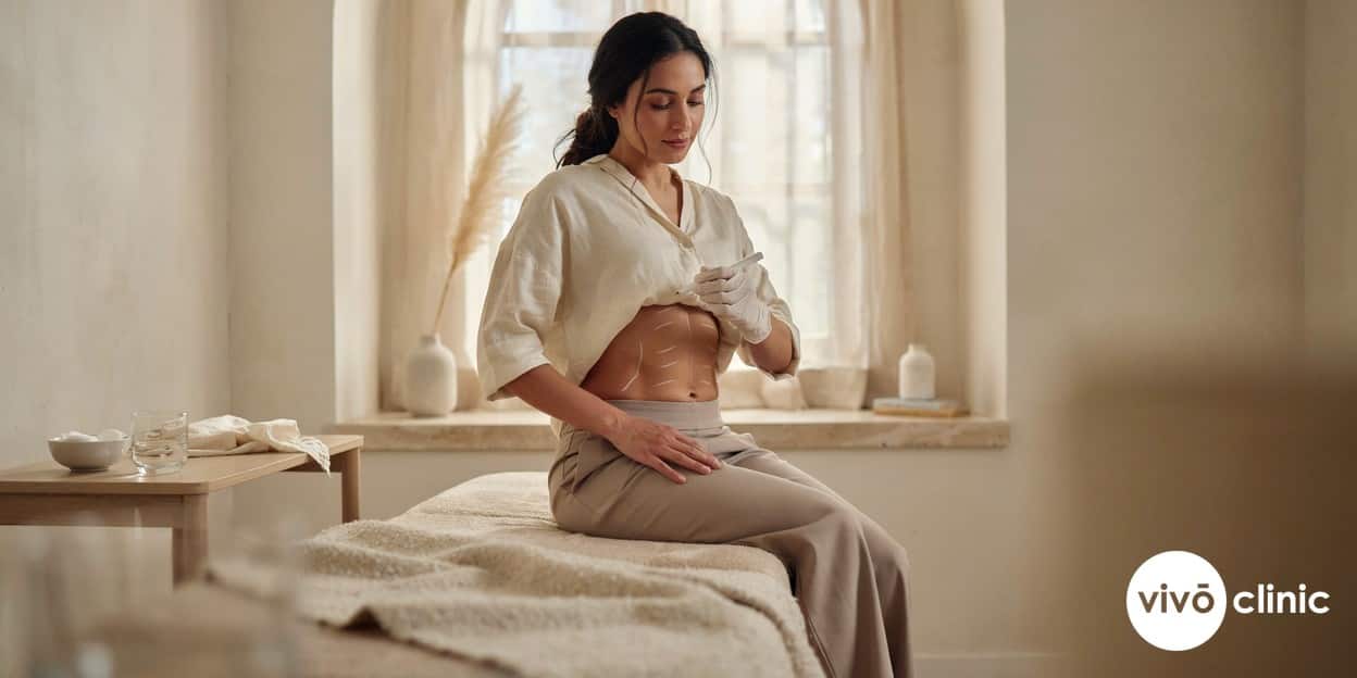 Middle Eastern woman in modest dress with white cosmetic marking lines on her abdomen during a body contouring consultation at VIVO Clinic Dubai, weighing non-surgical against surgical options