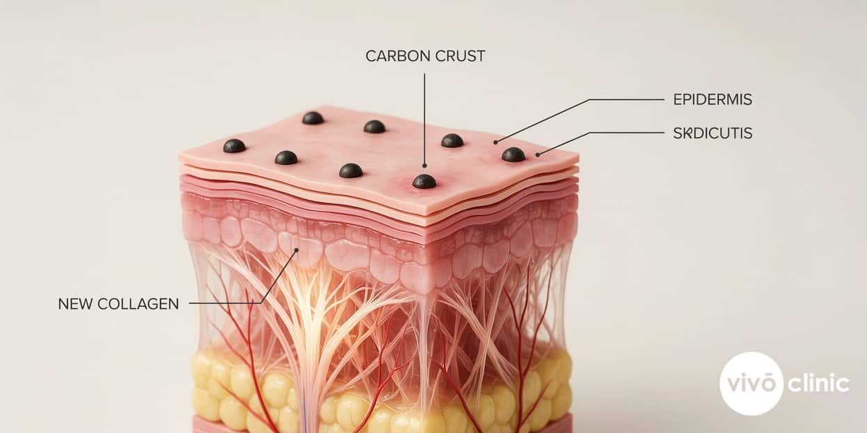 Photorealistic close-up cross-section render of eyelid skin after a plasma eye lift, showing the superficial carbon crust dots on the surface with new collagen forming in the dermis beneath, intentional anatomical depth labels only