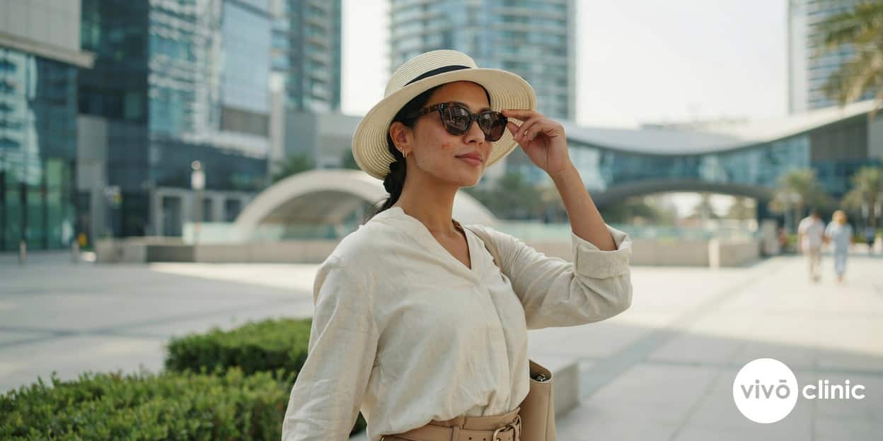 Middle Eastern woman in modest dress wearing sunglasses and a wide-brimmed hat shielding her face from the sun on a bright Dubai street while healing after a plasma eye lift, no device, machine or handpiece anywhere in frame