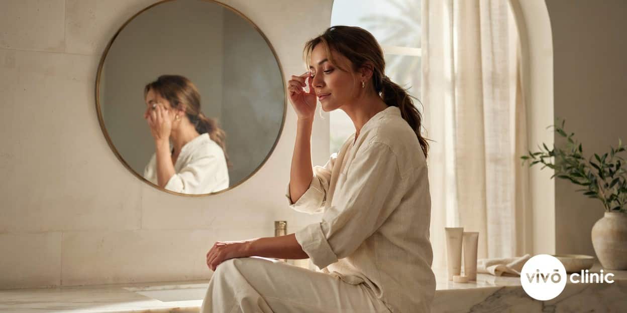 Middle Eastern woman applying SPF 50 sunscreen carefully around her healed upper eyelids after a plasma eye lift at VIVO Clinic Dubai