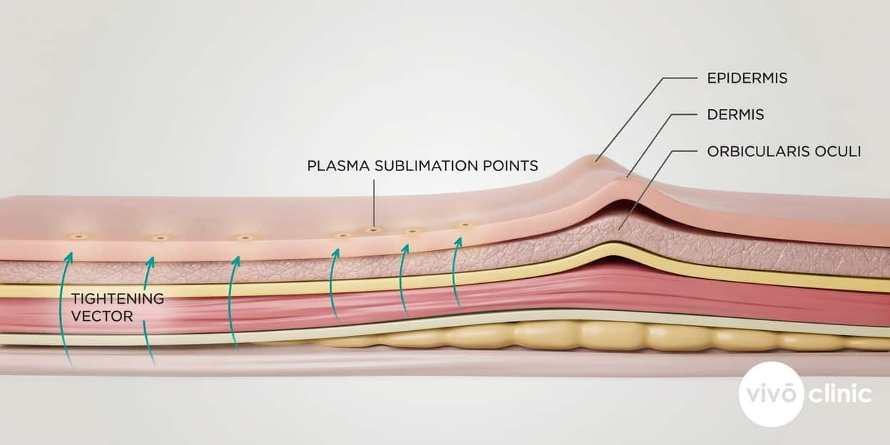 Photorealistic technical cross-section render of a hooded upper eyelid showing fine plasma sublimation points on the skin surface and arrows indicating the skin tightening and drawing inward as it heals