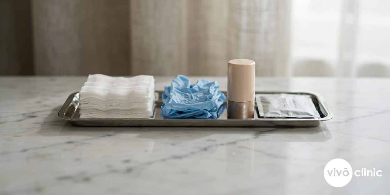 Photorealistic still-life of a tidy clinical tray with sterile gauze, single-use gloves and aftercare ointment beside a window, conveying careful hygiene and protocol for a safe plasma eye lift