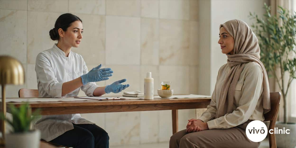 Middle Eastern woman in modest attire smiling gently in a calm consultation room as a gloved practitioner explains plasma eye lift aftercare and sun protection at VIVO Clinic Dubai