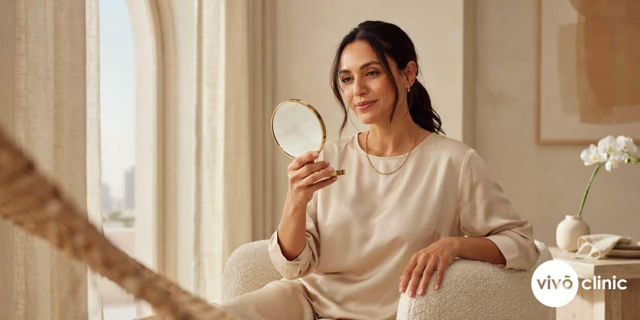 Middle Eastern woman with smoother, more open eyes admiring her refreshed upper eyelids in a mirror after a plasma eye lift at VIVO Clinic Dubai