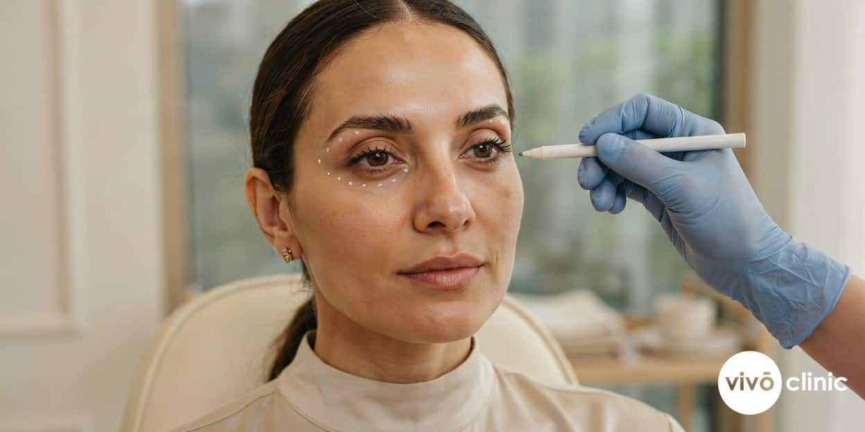 Middle Eastern woman with fine white cosmetic marking dots mapped across a hooded upper eyelid during a plasma eye lift consultation at VIVO Clinic Dubai, weighing a non-surgical alternative to blepharoplasty