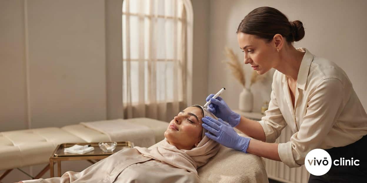 Practitioner in modest attire wearing gloves placing fine white marking points around a Middle Eastern woman’s eye area during a plasma fibroblast treatment plan at VIVO Clinic Dubai, no device or handpiece in frame