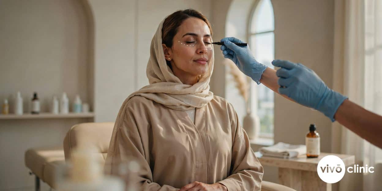 Middle Eastern woman with fine white cosmetic marking dots around her outer eye during a plasma fibroblast consultation for crow's feet at VIVO Clinic Dubai