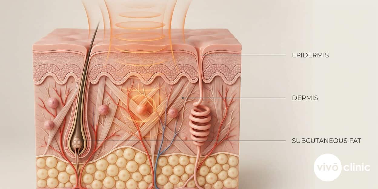Photorealistic technical cross-section render of radiofrequency current passing through the skin layers, heating the dermis to stimulate collagen, with labelled epidermis, dermis and subcutaneous fat