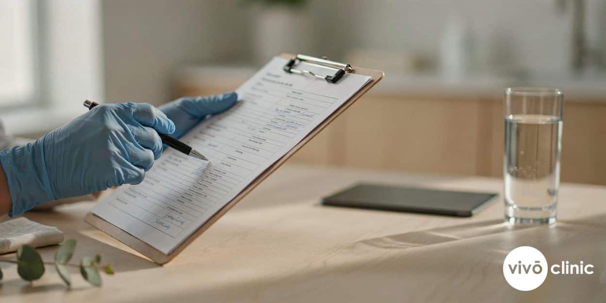 Practitioner’s gloved hands reviewing a patient’s medication list and consultation notes on a clipboard in a premium Dubai clinic, with no device or machine in frame