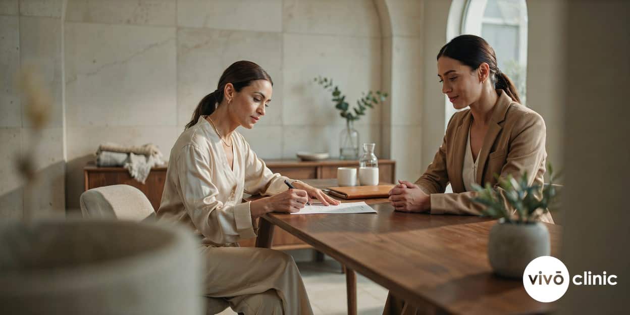 Middle Eastern woman completing a medical history form with a practitioner before an RF facelift consultation at VIVO Clinic Dubai