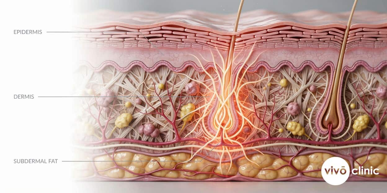 Photorealistic technical cross-section render of facial skin showing radiofrequency heat warming the dermis to stimulate new collagen beneath the surface, with subtle embedded depth labels