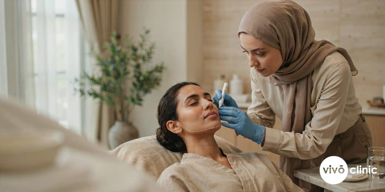 Practitioner in modest attire drawing white cosmetic marking lines along the jawline and jowls of a Middle Eastern woman during an RF facelift assessment at VIVO Clinic Dubai, no device, machine or handpiece anywhere in frame