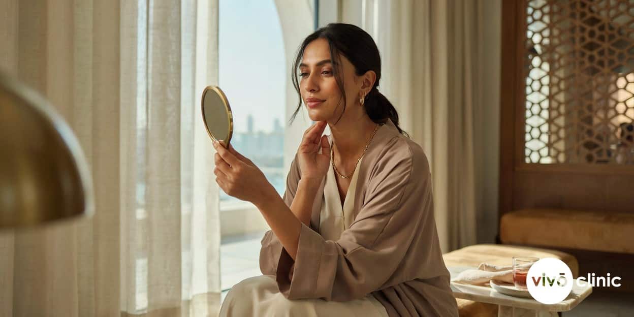 Middle Eastern woman in modest dress examining her firmer, more defined jawline in a hand mirror in a premium Dubai clinic setting after an RF facelift, no device, machine or handpiece anywhere in frame