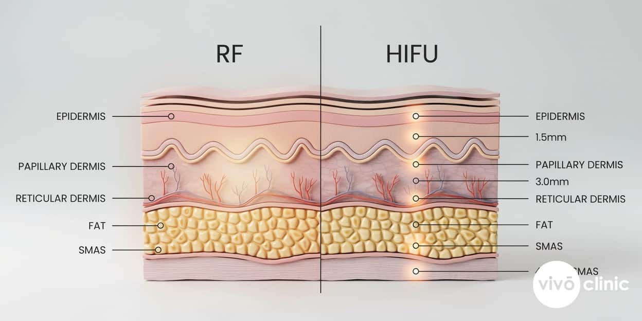 Photorealistic technical cross-section render of facial skin showing diffuse radiofrequency heating spread across the papillary and reticular dermis on the left, contrasted with focused HIFU heating points concentrated at 1.5mm, 3.0mm and 4.5mm SMAS depth on the right