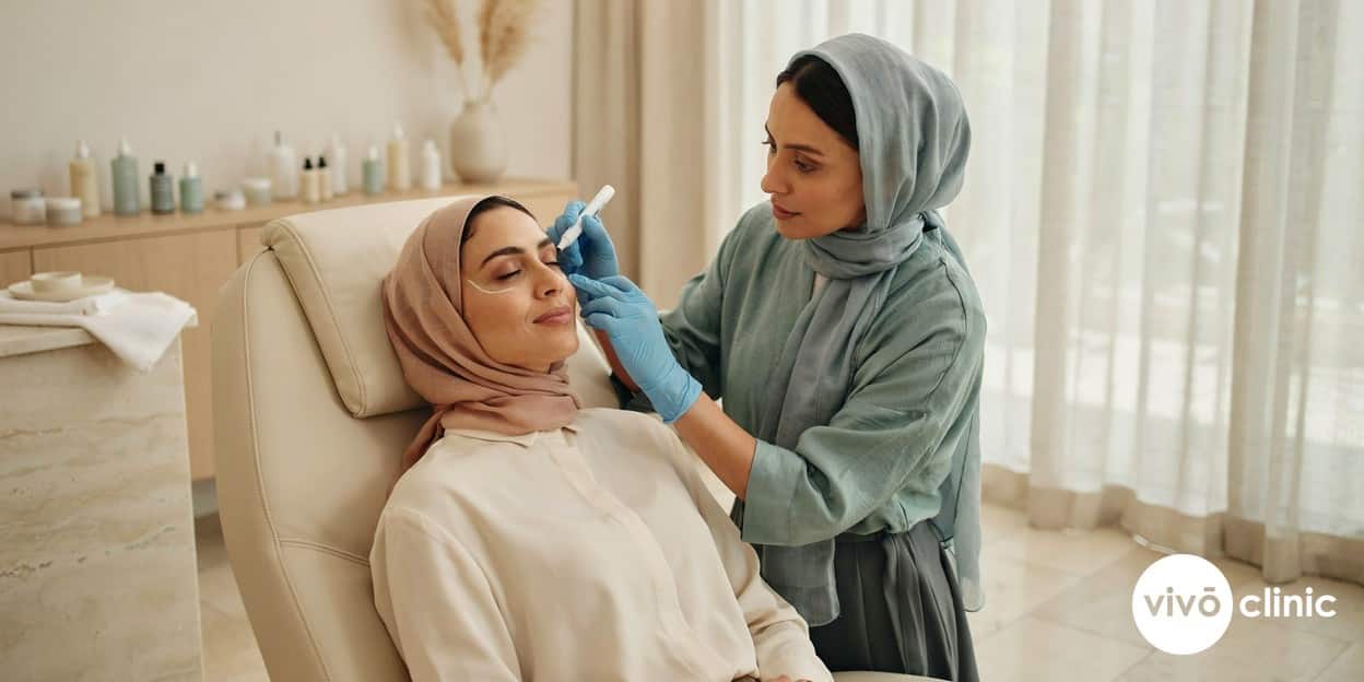 Practitioner in modest attire drawing white cosmetic mapping lines along a Middle Eastern woman’s cheek and jawline during a skin-tightening consultation at VIVO Clinic Dubai, with no device, machine or handpiece anywhere in frame