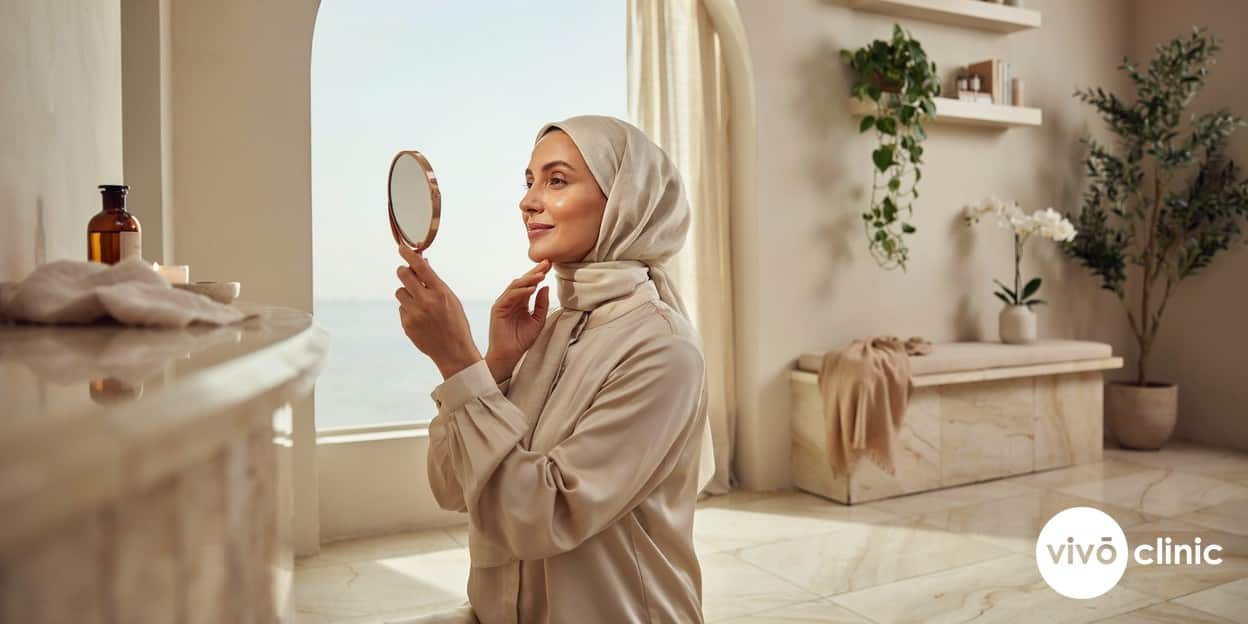 Middle Eastern woman examining her firmer, more defined jawline in a hand mirror after a skin-tightening treatment, smiling in a bright premium Dubai clinic setting, with no device, machine or handpiece anywhere in frame