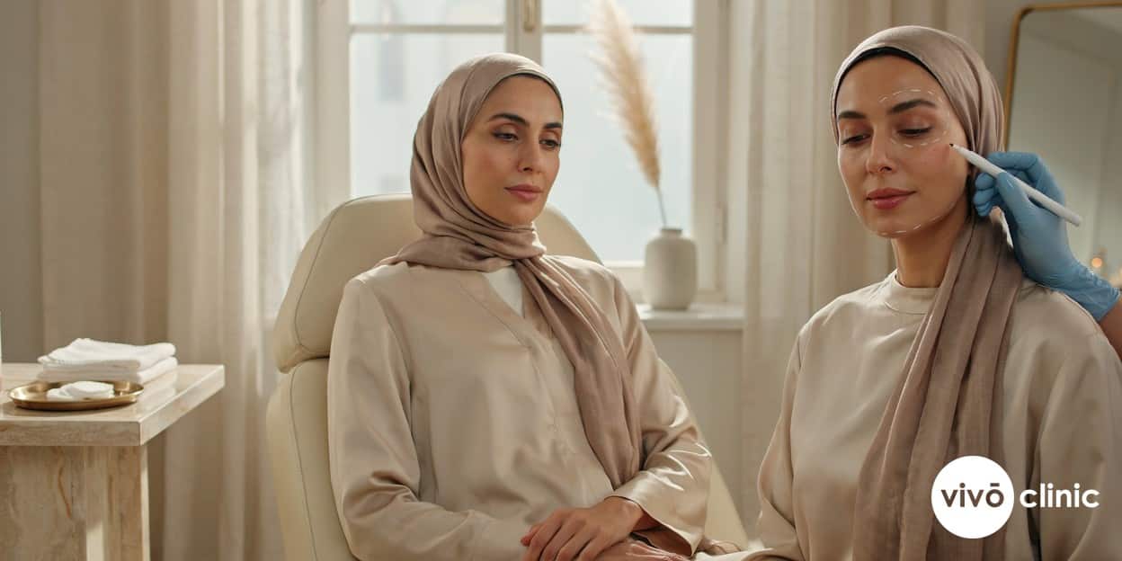 Middle Eastern woman with white cosmetic mapping lines drawn along her cheek and jawline during a skin-tightening consultation at VIVO Clinic Dubai, comparing RF facelift and HIFU options