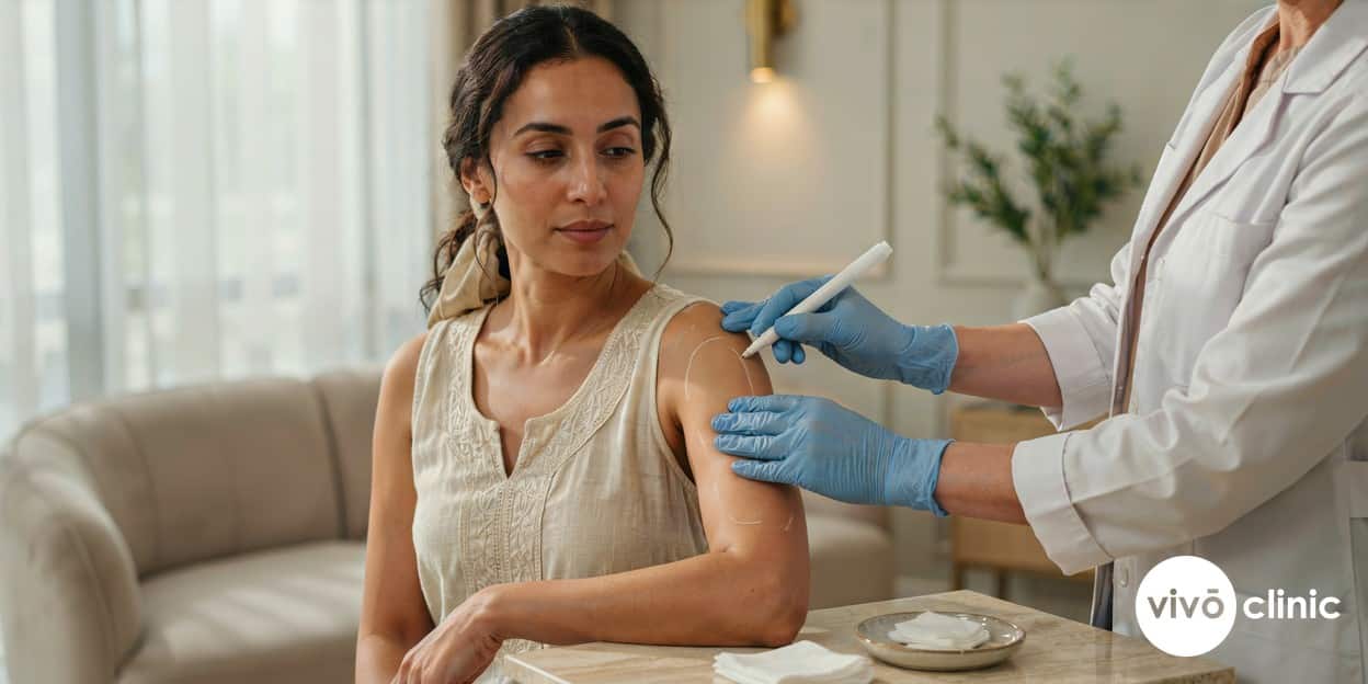 Practitioner in modest attire with gloved hands marking white guide lines on a Middle Eastern woman’s upper arm before a body RF skin tightening session at VIVO Clinic Dubai