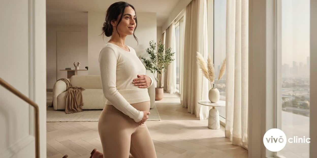 Middle Eastern woman in modest activewear smoothing her firmer abdomen and smiling in a bright premium home setting after a course of body RF skin tightening