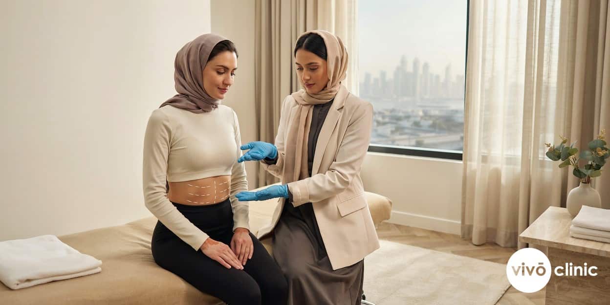 Middle Eastern woman in modest activewear with white cosmetic marking lines on her abdomen during a body RF skin tightening consultation at VIVO Clinic Dubai