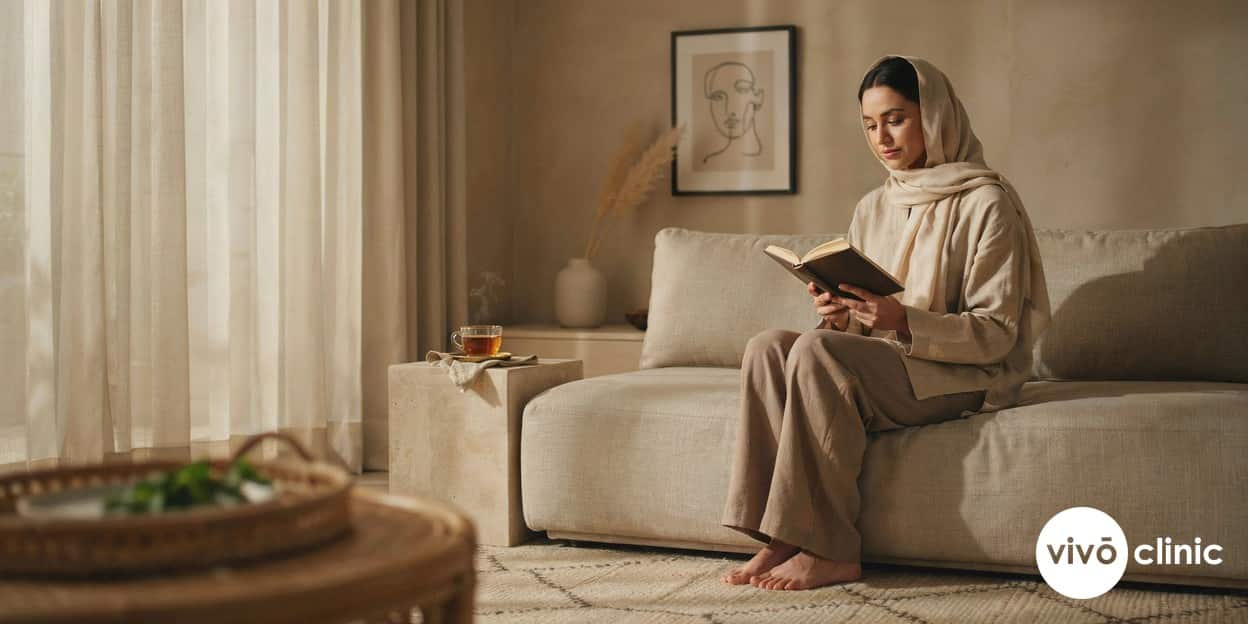 Middle Eastern woman reading calmly on a sofa at home, reflecting before a wellbeing conversation, in a warm modest Dubai interior