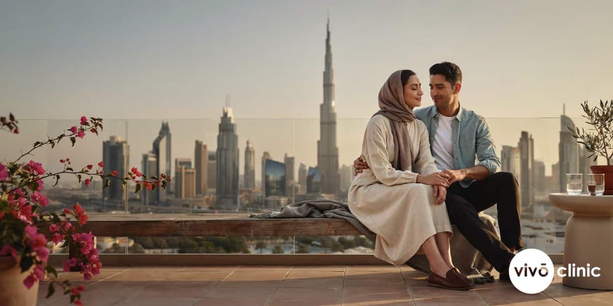Middle Eastern couple sitting close and relaxed on a balcony at home in Dubai at golden hour, conveying mutual understanding and ease